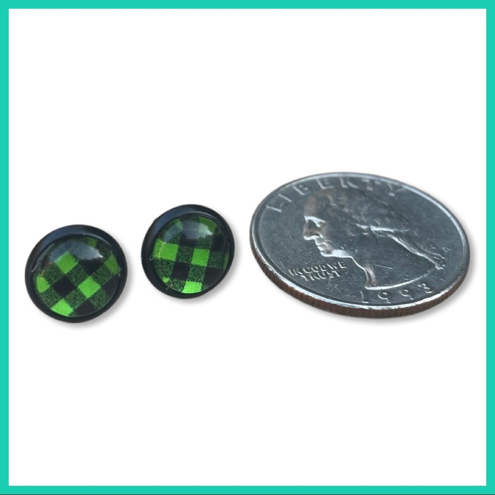 Neon Green Plaid Stud Earrings - Picture 3 of 7
